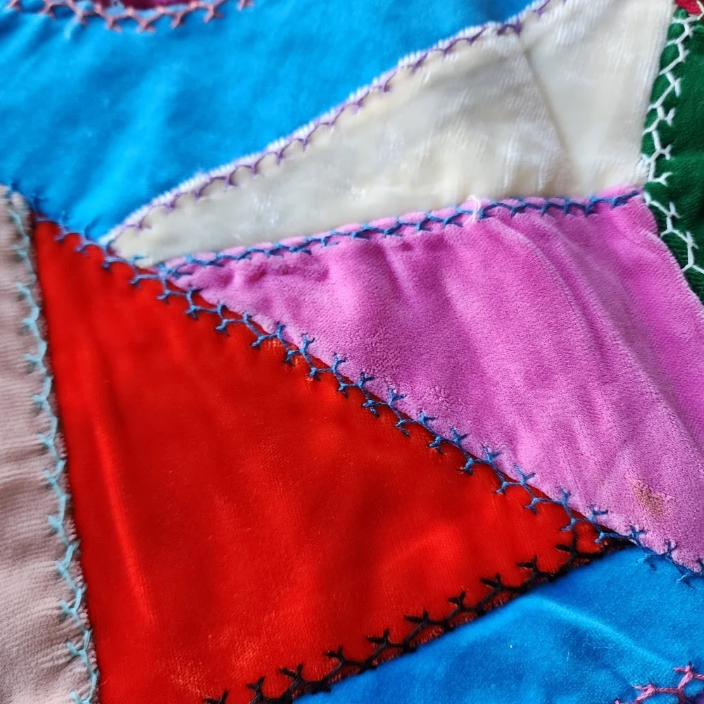 ANTIQUE Velvet Crazy Quilt bright‎ colors floral embroidered 73in x 55in